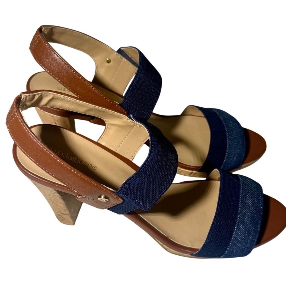 Liz Claiborne Jean Stiletto Sandals Cork Heel Platform Navy Brown Size 10 Medium - Picture 6 of 10